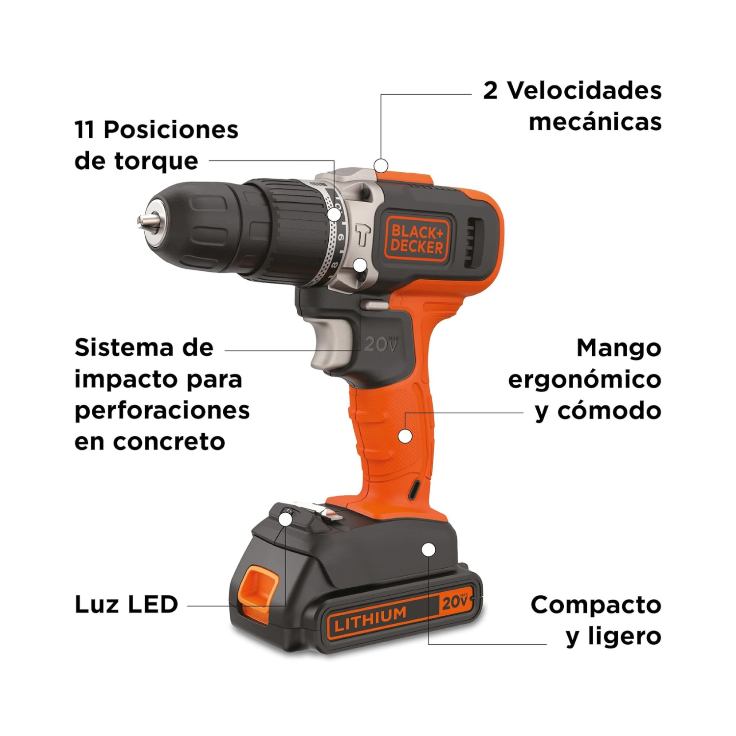 BCD704C1 - Taladro/Atornillador de Impacto Inalámbrico 3/8" 20V 1400RPM