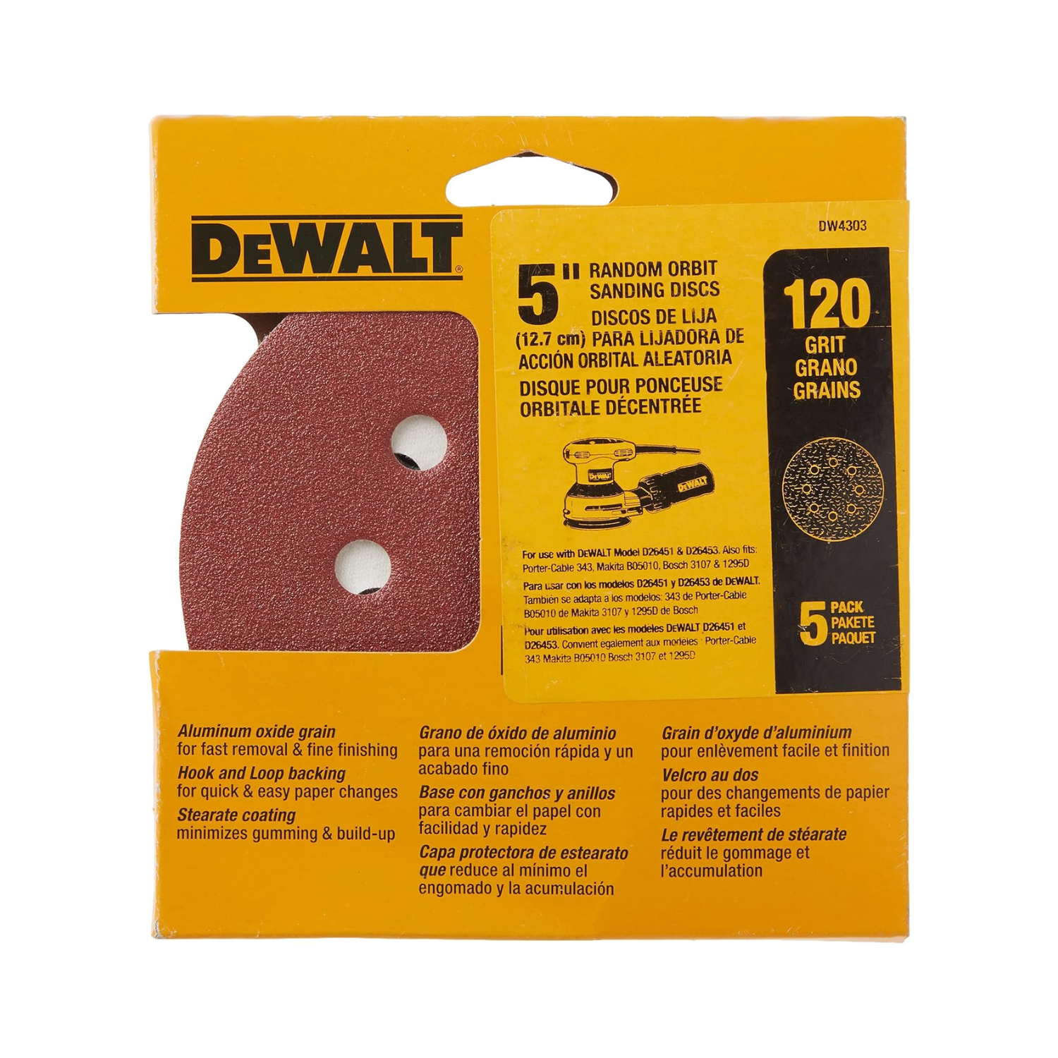 DW4303 - Lija Orbital Velcro 5" Grano #120 - 5U